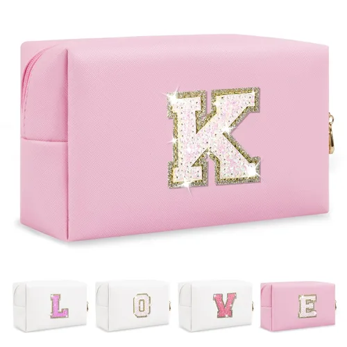 Miniatura 89 de Pequeña bolsa de maquillaje personalizada con inicial A-Z Preppy Patch, bolsa de cosméticos de viaje de felpilla blanca con cremallera, bonita bolsa