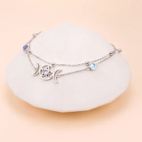 Miniatura 5 de Pulsera de plata esterlina S925 elegante cadena de pie con dije bohemio de playa de doble capa para mujeres, adolescentes y niñas, ajustable de 9 a