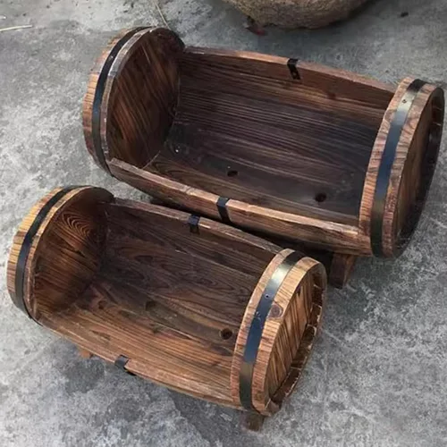 Miniatura 2 de HM&DX Macetas redondas de madera con orificios de drenaje, macetas rústicas de madera con agujeros de drenaje, macetas de whisky para jardín