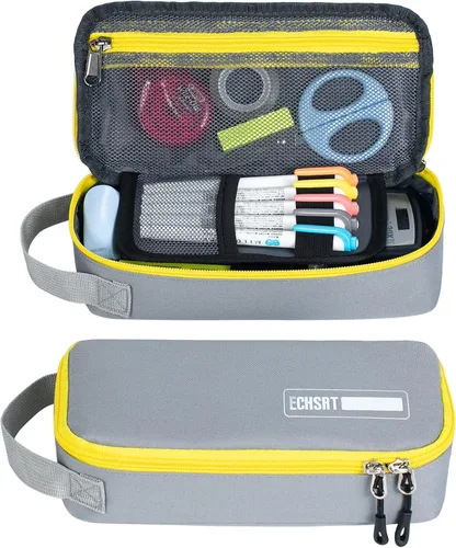 Estuche grande para lápices, estuche duradero para bolígrafos con gran capacidad, bolsa de papelería portátil minimalista con asa para escuela, Gris