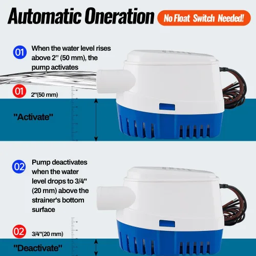 Miniatura 5 de Bomba de sentina marina automática de 12 V 1100 GPH con interruptor de flotador integrado - Bomba de agua sumergible de encendido/apagado automático