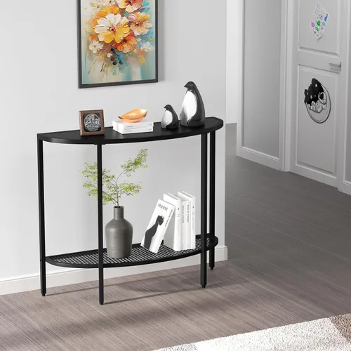 Miniatura 7 de SAYGOER Mesa de consola negra media luna de dos niveles, mesa estrecha para entrada con almacenamiento, mesa moderna para sofá, mesas pequeñas
