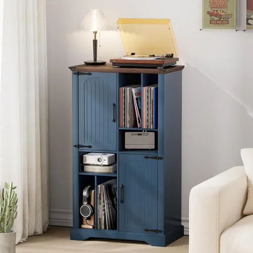 Maupvit Soporte grande para tocadiscos, armario de almacenamiento de discos de vinilo azul marino de 47 pulgadas con puertas de granero, soporte