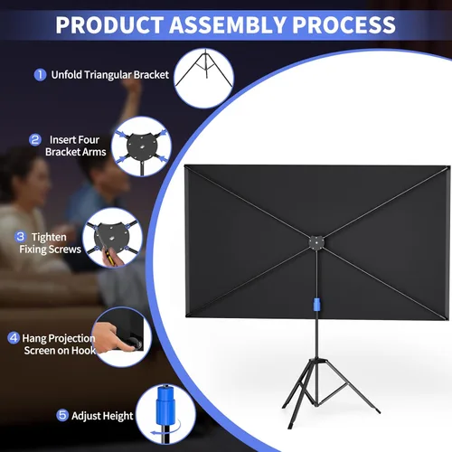 Miniatura 5 de WASJOYE Pantalla Proiector de 80 pulgadas con soporte, pantalla de proiector portátil HD 16:9 4K, pantalla de proyector interior de 1.2 ganancia