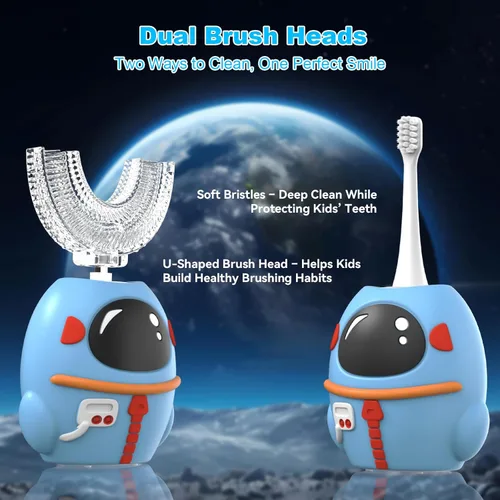 Miniatura 3 de FTOYIN Cepillo de dientes eléctrico para niños, cepillo de dientes en forma de U con 4 cabezales de cepillo, limpieza ultrasónica de 360°, 5 modos