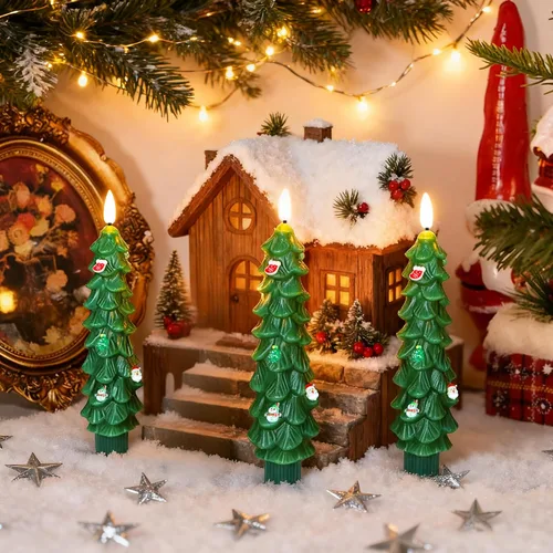 Miniatura 6 de 3 Piezas Velas de Árbol de Navidad Sin Llama con Control Remoto y Temporizador, Funcionan con Baterías con Llama Parpadeante 3D, Velas Cónicas de 7