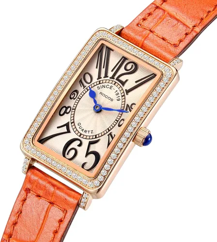 Miniatura 2 de Reloj rectangular de oro rosa para mujer con bisel de piedra blanca y esfera naranja, marcadores numéricos irregulares de hora, reloj de pulsera