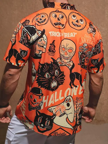 Miniatura 5 de Hardaddy Camisa de Halloween para hombre, manga corta, con botones, divertida impresión, casual