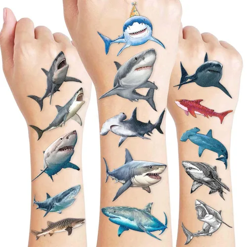 96 tatuajes realistas de tiburón temporales, calcomanías de animales del océano, suministros y decoraciones para fiestas de cumpleaños, impermeables