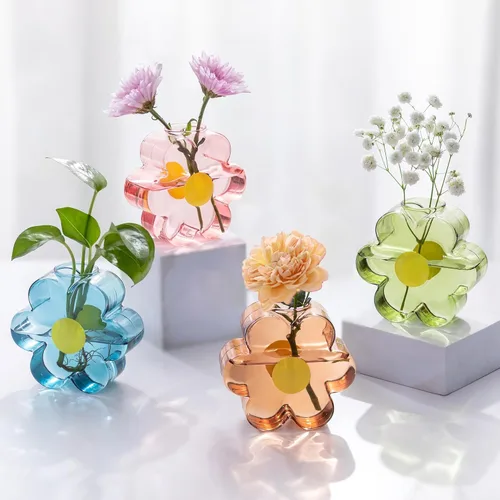 Hewory Jarrones pequeños únicos para flores: juego de jarrones coloridos para decoración de estantes para el hogar, bonitos jarrones de cristal para