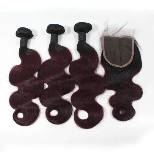 Miniatura 15 de 1B/27 rubio ombre brasileño virgen paquetes con cierres 4pcs lote cuerpo onda 12 con 10 pulgadas ombre encaje cierre con teje pelo