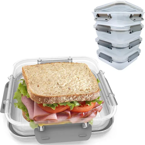 Contenedor de sándwich: 4 unidades reutilizables, sin BPA, almacenamiento de alimentos de plástico con tapa a presión a prueba de fugas