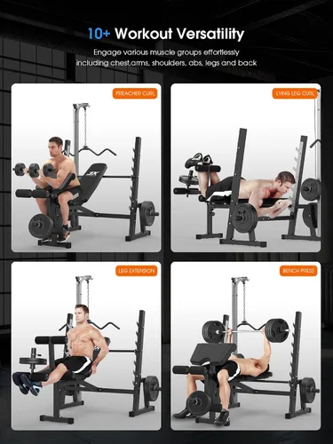 Miniatura 2 de JX FITNESS Banco de pesas olímpico con sistema de polea desplegable LAT y almohadilla de rizo de predicador, prensa de banco de entrenamiento