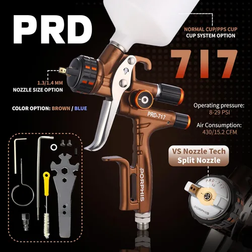 Miniatura 2 de Pistola Pulverizadora PRD-717 Tipo VS con Boquilla Dividida de 1.3mm para Repintado Automotriz, Marrón
