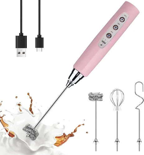 Miniatura 17 de YUSWKO - Espumador de leche recargable de mano con 3 cabezas, mezclador de bebidas con 3 velocidades ajustables para latte, cappuccino, chocolate
