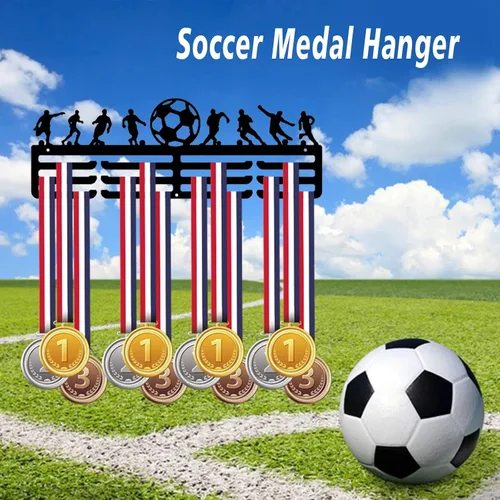 Miniatura 5 de Exhibición de suspensión de medallas de fútbol, soporte de medalla de montaje en pared, estante de exhibición de cinta de premios, marco de metal