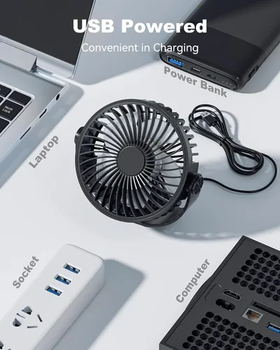 Miniatura 4 de Edvision Ventilador de escritorio USB, mini portátil de 5 pulgadas, escritorio personal de flujo de aire fuerte de 3 velocidades, ventilador de Negro