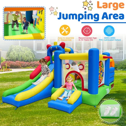 Miniatura 3 de Casa de rebote inflable HuaKastro - Área de juego inflable con obstáculo de barra transversal en gran área de rebote, 1x tobogán alto y 1x pequeño