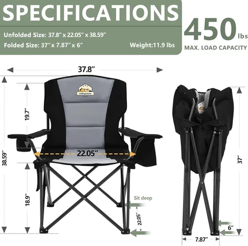 Miniatura 3 de Colegence Sillas de Camping Plegables de Tamaño Grande - Soporte de 450 LBS Silla de Campamento de Servicio Pesado con Cojín Acolchado, Sillas Negro