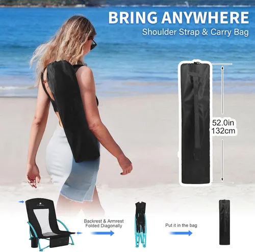Miniatura 5 de Paquete de 2 sillas de playa bajas, sillas de asiento bajas plegables compactas para adultos con respaldo de malla, portavasos y bolsa