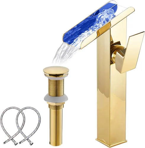 Miniatura 19 de Grifo de Recipiente Negro para Baño Cascada Boquilla Abierta LED Cambio de Color por Temperatura Grifo de Lavabo para Fregadero de Tazón Mango