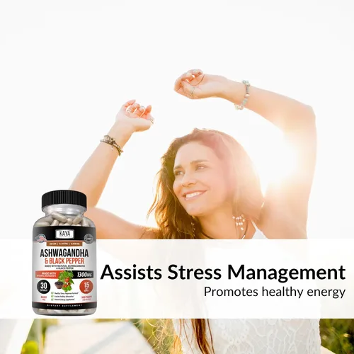 Miniatura 4 de Kaya Naturals Raíz de Ashwagandha con pimienta negra Suplemento adaptógeno de máxima fuerza de 1300 mg, ayuda a la salud suprarrenal, glandular