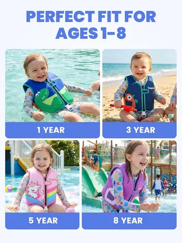 Miniatura 6 de Gogokids Chaleco de natación para niños de 1-2-3-5-7-9 años, chaqueta de natación de neopreno para niños con correa de seguridad ajustable y Azul