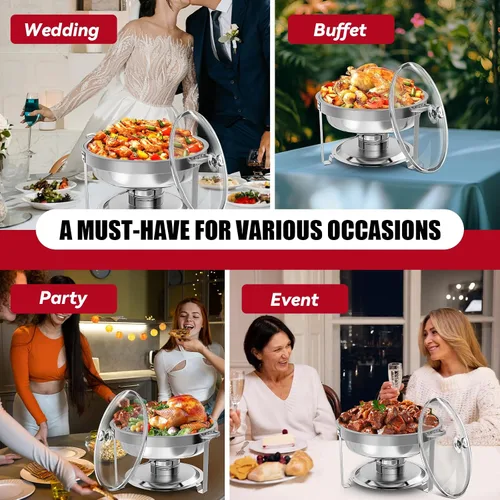 Miniatura 9 de IMACONE Juego de Bandejas Calentadoras de Buffet 4 Piezas, 5QT Redondas de Acero Inoxidable con Tapa de Vidrio para Catering, Conjuntos