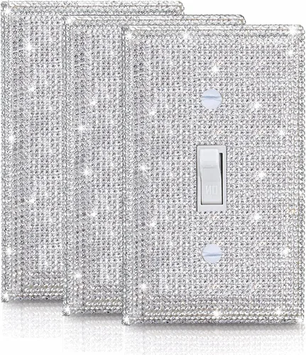 Miniatura 25 de 1 PC Cubierta de placa de pared con diamantes de imitación brillantes en plata, cubre interruptores eléctricos, cubierta decorativa para interruptor