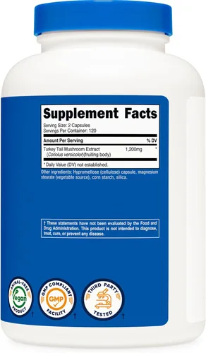 Miniatura 5 de Nutricost Cápsulas de hongo cola de pavo de 1200 mg, 120 porciones (240 cápsulas), sin gluten, sin OMG y aptas para vegetarianos