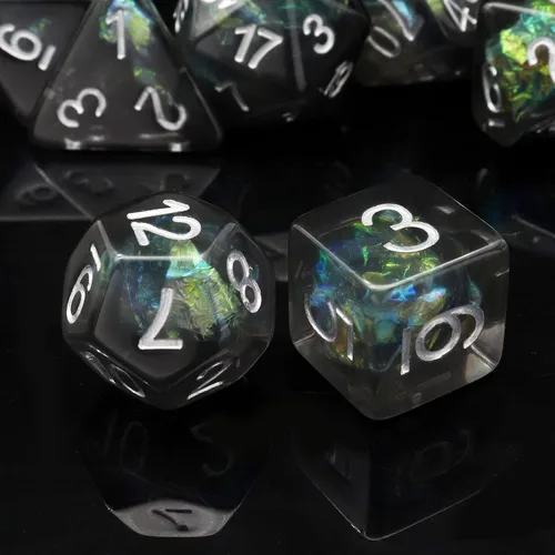 Miniatura 9 de Haxtec DND Conjunto de Dados 7 Piezas Conjunto de Dados de Resina Negro con Inclusión de Mylar Iridiscente Dados Poliédricos D&D