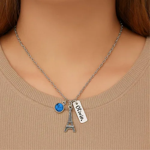 Miniatura 6 de Collar personalizado de la torre Eiffel, piedra natal personalizada con nombre grabado en la torre Eiffel, colgante de torre Eiffel para mujer