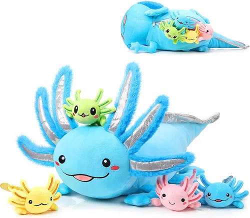 Aoriher Juego de 5 piezas de peluche de ajolote de 24 pulgadas con 4 lindos bebés de peluche en el vientre, suave peluche para niños que duermen Azul