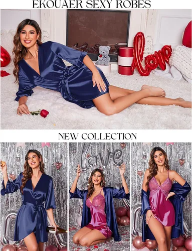 Miniatura 4 de Ekouaer Bata de satén para mujer, lencería de San Valentín para mujer, kimono, bata corta con volantes, cinturón, ropa de dormir para damas de honor