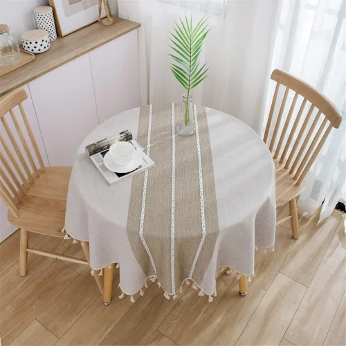 Miniatura 2 de Dimatic Mantel de Algodón y Lino de Peso Pesado - Mantel Redondo de 60 Pulgadas - Cubierta de Mesa con Costura de Borlas para Decoración de Beige