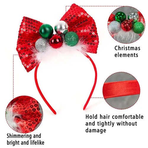 Miniatura 4 de Ecuupas Diadema de Navidad con lazo para el pelo, color rojo, brillante, verde, campana, diseño de tocado para mujeres, niñas, niños, invierno