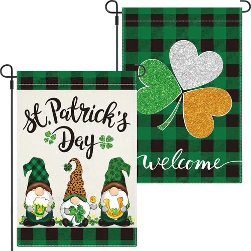 Boao Bandera de jardín del día de San Patricio, trébol de gnomo de 18 x 12 pulgadas, bandera de jardín de trébol verde irlandés, bandera de jardín