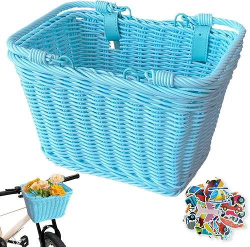 Cesta de bicicleta para niños y niñas, cesta de scooter para niños, bonita cesta cuadrada de mimbre para niños y niñas, manillar desmontable con Azul