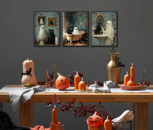 Miniatura 2 de NBYARTQ Pósteres de Fantasmas de Halloween Arte de Pared Juego de 3 Impresiones de Terror Espeluznante Academia Oscura Fantasma y Gato Negro