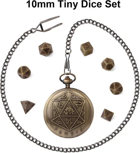 Miniatura 4 de Juego de dados DND diminutos de 0.394 in con funda de reloj de bolsillo vintage, juego de dados D&D de metal poliédrico para Dungeons and Dragons