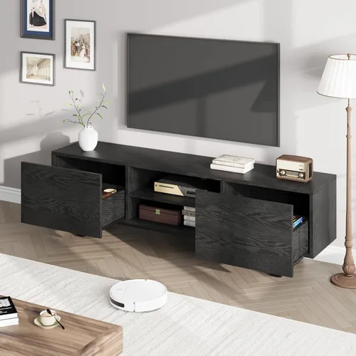 Miniatura 3 de Moderno soporte de TV para TV de 65/75/80 pulgadas, centro de entretenimiento negro de 70 pulgadas con 2 cajones y estantes abiertos, gabinete