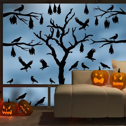 Miniatura 10 de Calcomanías de Halloween para ventana, calcomanías de brujas negras, calcomanías de pared de Halloween, murciélagos de árbol negro, murales de arte