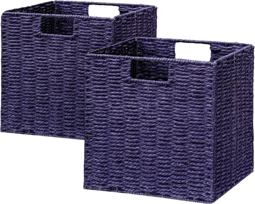 Miniatura 17 de VAGUSICC - Canastas de almacenamiento tejidas a mano, juego de 2, con asas, plegables, tipo cubo, de 13 pulgadas, grandes, de mimbre, para estantes