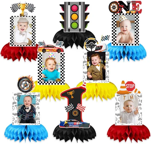 Suministros de Fiesta de Cumpleaños de Coche de Carreras de 1 Año, Decoraciones de Cumpleaños Rápidas Centro de Mesa con Diseño de Panal de Abeja,