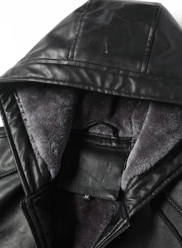 Miniatura 4 de Fanarcher Chaqueta de hombre de piel sintética con forro polar acolchada tipo bomber para motocicleta con capucha
