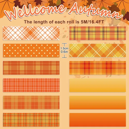 Miniatura 2 de Whaline 12 rollos de cintas Washi de otoño a cuadros naranja rojo búfalo cinta decorativa de otoño de color sólido de lunares con patrón de cinta