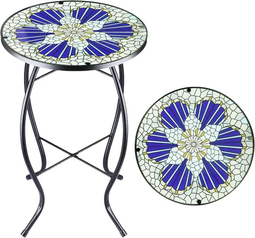 Miniatura 13 de Arbuxzuy Mesa auxiliar pequeña de 12 pulgadas para exteriores con mosaico azul-blanco, mesa de patio con mosaico de vidrio para interiores, mesa