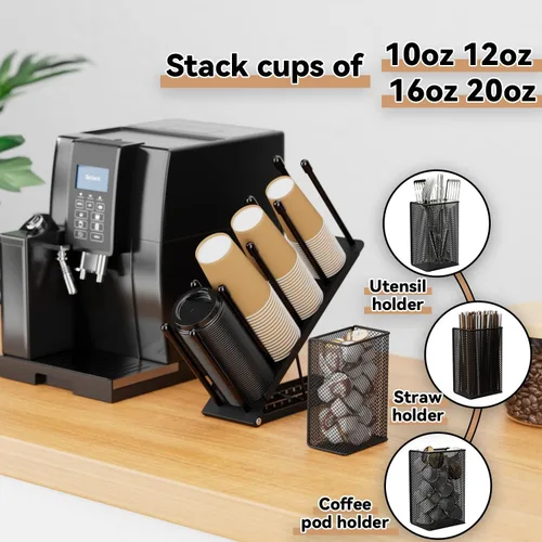 Miniatura 3 de OVICAR Soporte para tazas y tapas, organizador ajustable para tazas de café, dispensador de tazas desechables de 4 compartimentos, con cesta de Negro