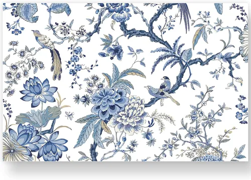 AnyDesign Paquete de 50 manteles individuales desechables de papel chinoiserie con diseño floral de pájaros, flores azules y blancas, manteles