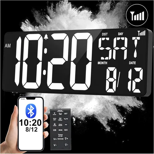 Miniatura 9 de XREXS Reloj de pared digital grande de 17.2 pulgadas, sincronización Bluetooth, relojes atómicos precisos con control remoto, reloj de abuelo